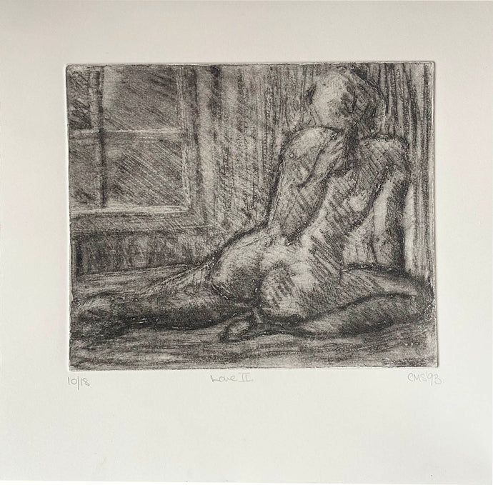 Etching in black on cream of a recumbent nude looking towards a window