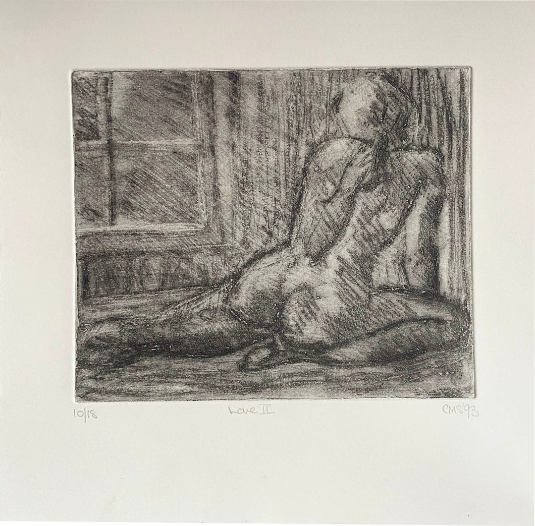 Etching in black on cream of a recumbent nude looking towards a window