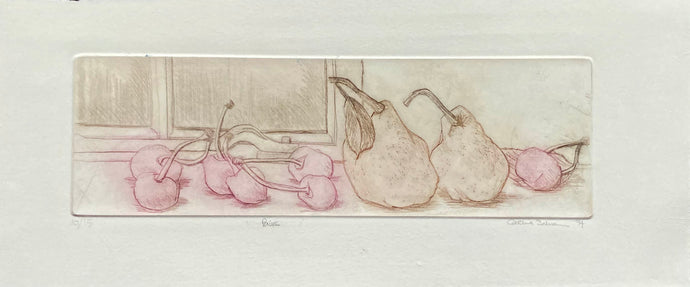 Drypoint Etching softly coloured print pairs? of pears and cherries on a creamy white background