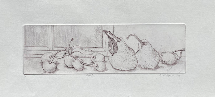 Drypoint etching of Paris? of pears and cherries printed in dark brown on creamy white