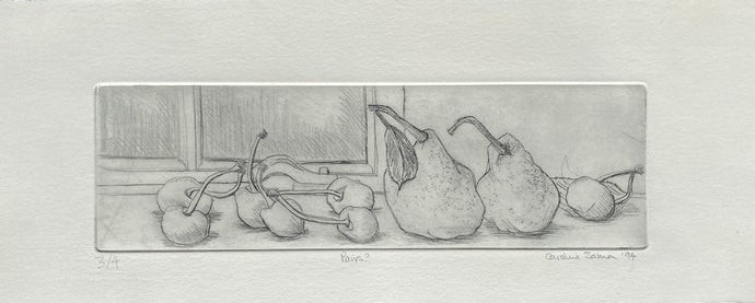 Dry point etching pairs? of pears and cherries on a table with a window in the background printed in dark grey on cream 