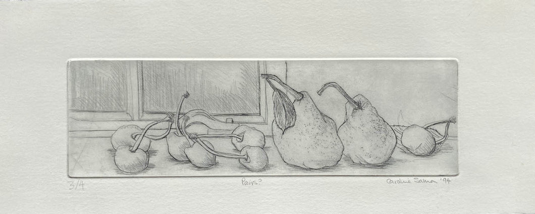 Dry point etching pairs? of pears and cherries on a table with a window in the background printed in dark grey on cream 