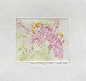 Etching of pink lilies with green leaves on creamy white paper