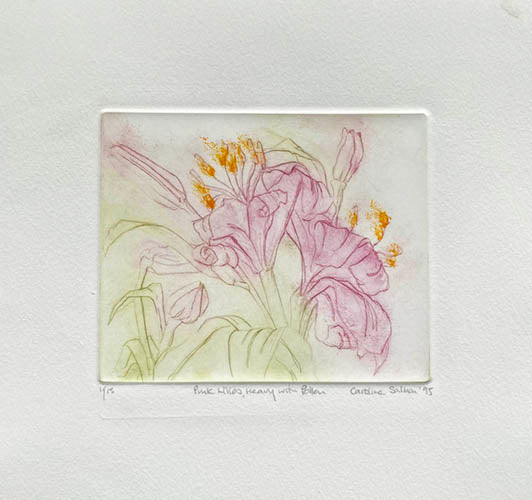 Etching of pink lilies with green leaves on creamy white paper