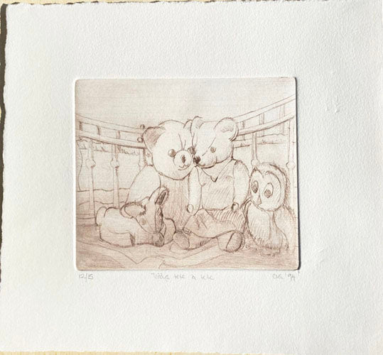 Etching teddy bears and toys on a bed, printed in brown on creamy white paper