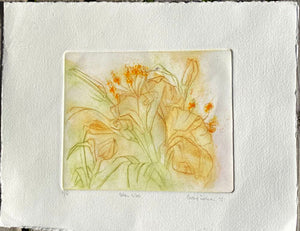 Etching  being an artistic depiction of lilies in Yellow  on a textured creamy white background