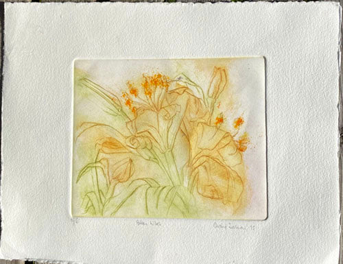 Etching  being an artistic depiction of lilies in Yellow  on a textured creamy white background