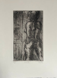etching of the back view of a female nude, standing looking out of a window, printed in black on cream