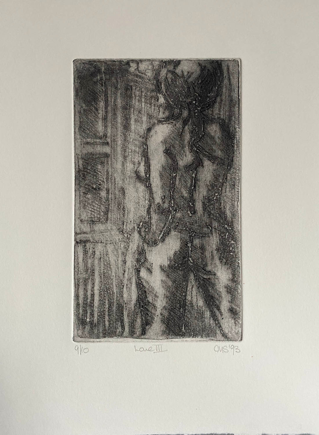 etching of the back view of a female nude, standing looking out of a window, printed in black on cream