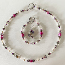 Unique bead necklace set 3pce - with large pink pearls, seedpearls, and silvery beads