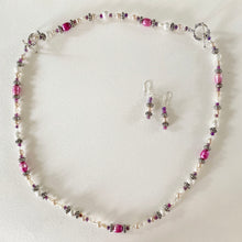 Unique bead necklace set 3pce - with large pink pearls, seedpearls, and silvery beads