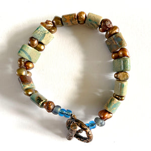 Artisan Flat Wild Turquoise Bead and rough Pearl Bracelet part of 2pce set