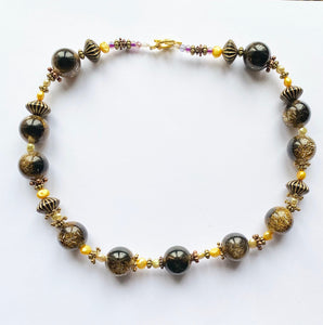 Artisan Necklace with Big Brown and Gold beads and gold pearls 