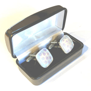 Boxed Sparkly White spotted Dichroic Glass Cufflinks by Koru Glass