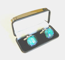 Boxed Green Blue Dichroic Glass Cufflinks by Koru Glass