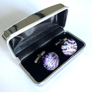 Boxed Purple Dichroic Glass Cufflinks by Koru Glass