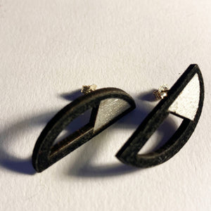 Large Stud Earrings Black and Silver Semi Circules by MyBearHandsWood Black and Silver stud earrings by MyBearHads
