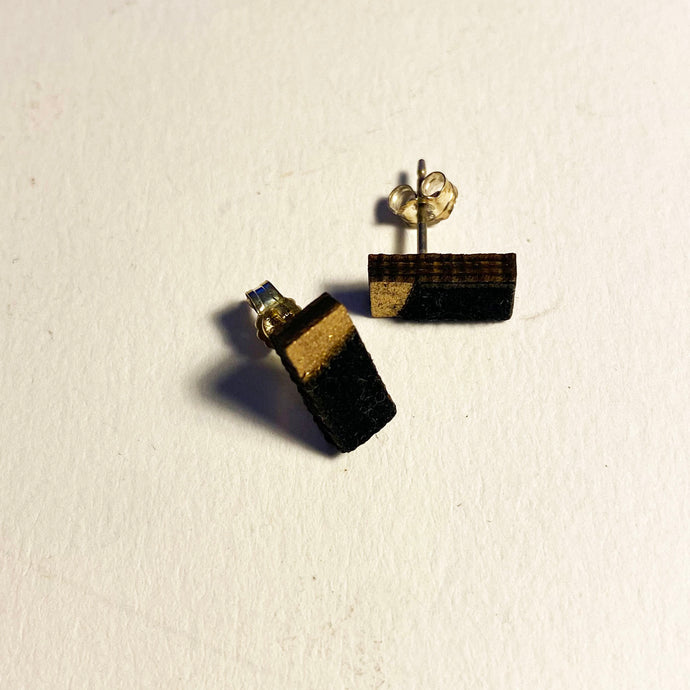 Tiny Stud Earrings - Oblongs in Wood - Black with touch of Gold Paint