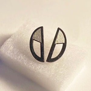 Large Stud Earrings Black and Silver Semicircules in Wood