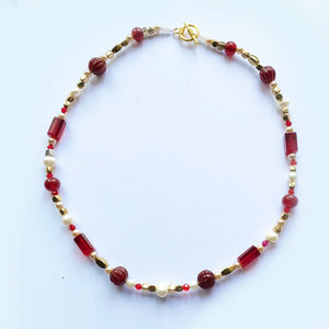 Artisan Pearl Red and Golden bead necklace with gold plate clasp