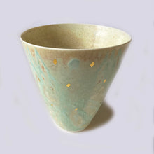 Beige and Turquoise vase with gold leaf fragments by Phylis Dupuy