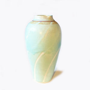 Matt Pale Turquoise tall vase with gold leaf around the shoulder under an irregular rim nu Phylis Dupuy