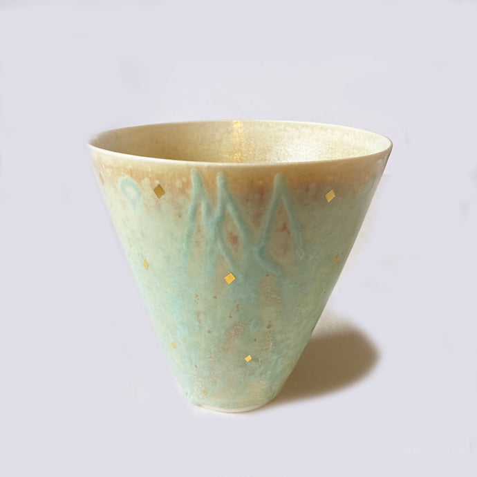 Beige and Turquoise Vase with Gold Leaf Fragments by Phylis Dupuy2