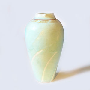 Tall Matt Turquoise rabbits hair glaze with gold leaf around a fancy rim by Phylis Dupuy