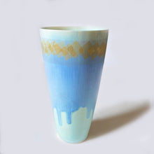 Tall Blue Vase with Gold Leaf Square s by Phylis Dupuy v2