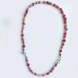 Artisan Pink Pearl and Bead Necklace extended by bracelet to make a longer necklace using silver clasps