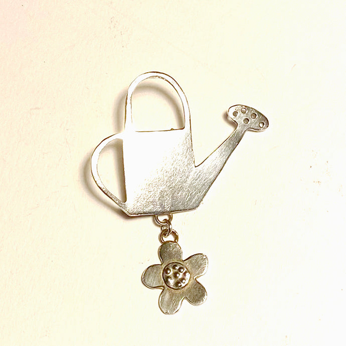 Silver Watering Can and Flower Brooch by Sharon McSwiney
