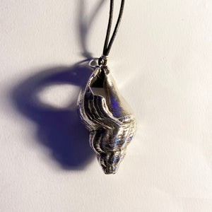 Silvered Electro-plated Large Worn Welk Pendant on a thong, Bracklesham Bay