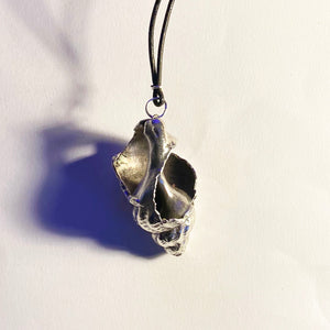 Silvered Electro-plated Large Worn Welk Pendant on a thong, Bracklesham Bay