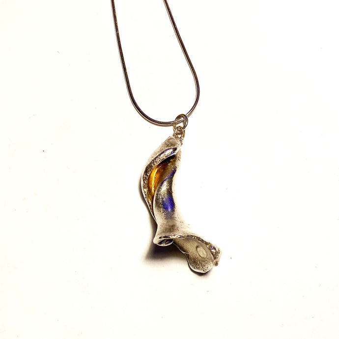 Silvered Electro-plated Worn Welk Shell  Pendant on Chain - Bracklesham Bay