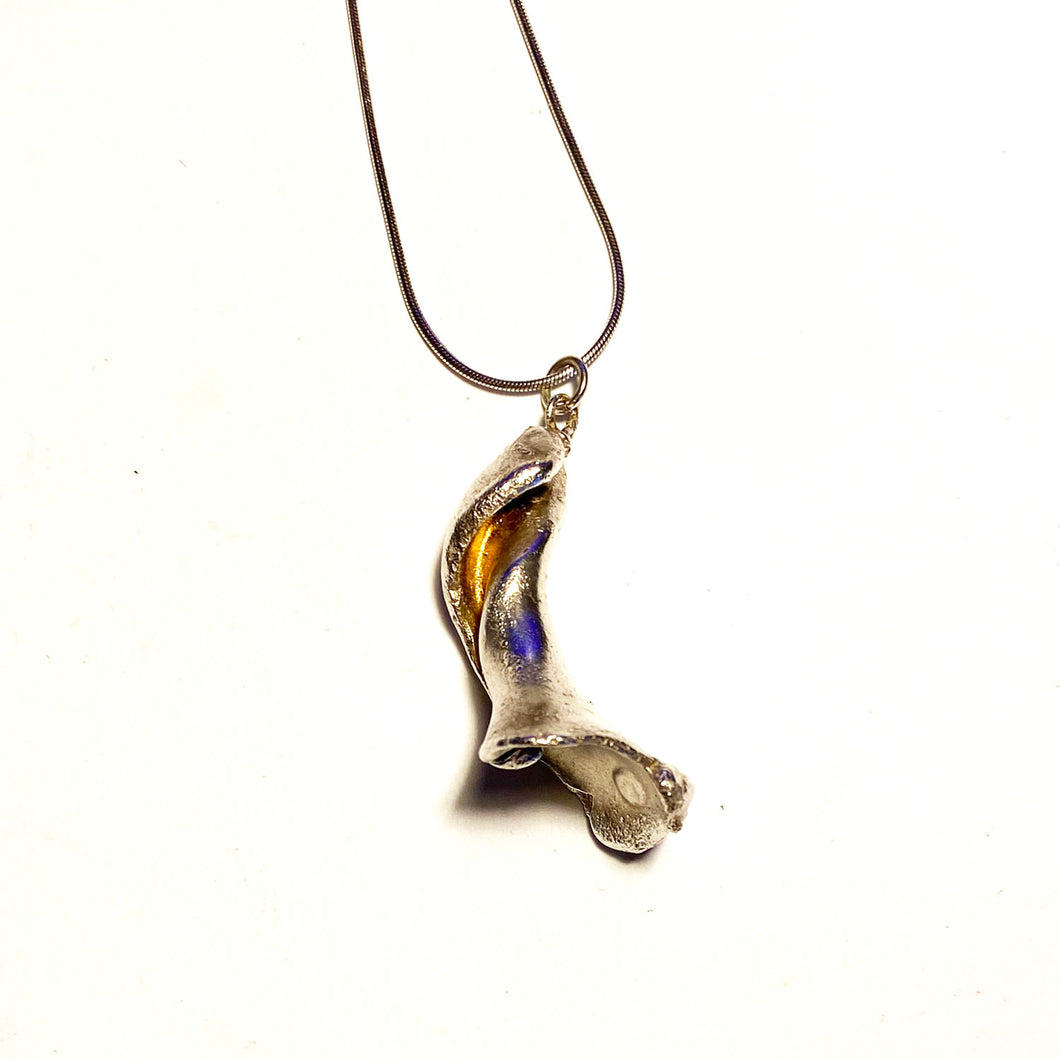 Silvered Electro-plated Worn Welk Shell  Pendant on Chain - Bracklesham Bay