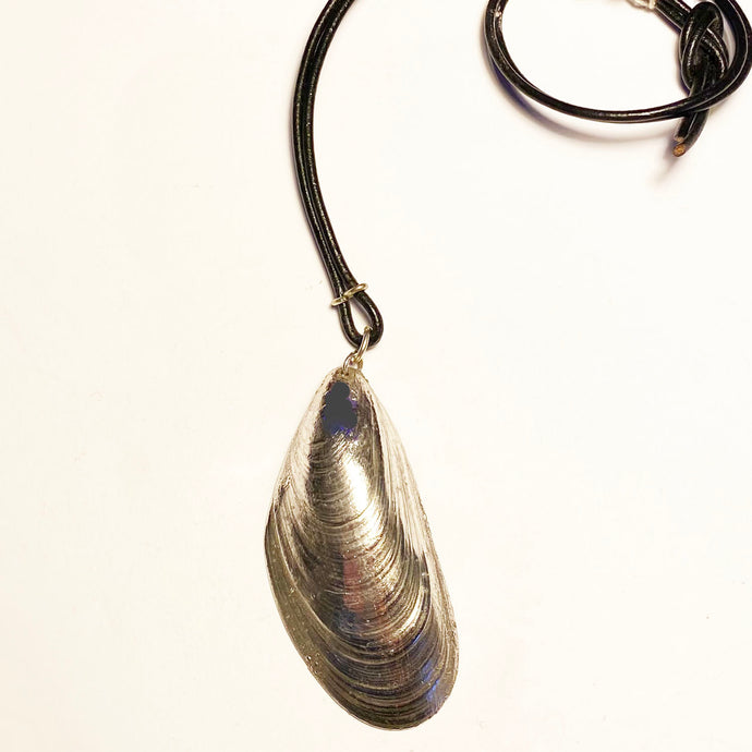 Silvered Electro-plated Large Mussel Pendant on a thong, West Wittering