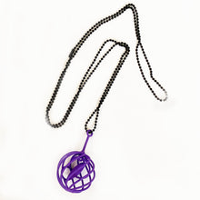 3D Mauve Bird in cage pendant on long black chain.