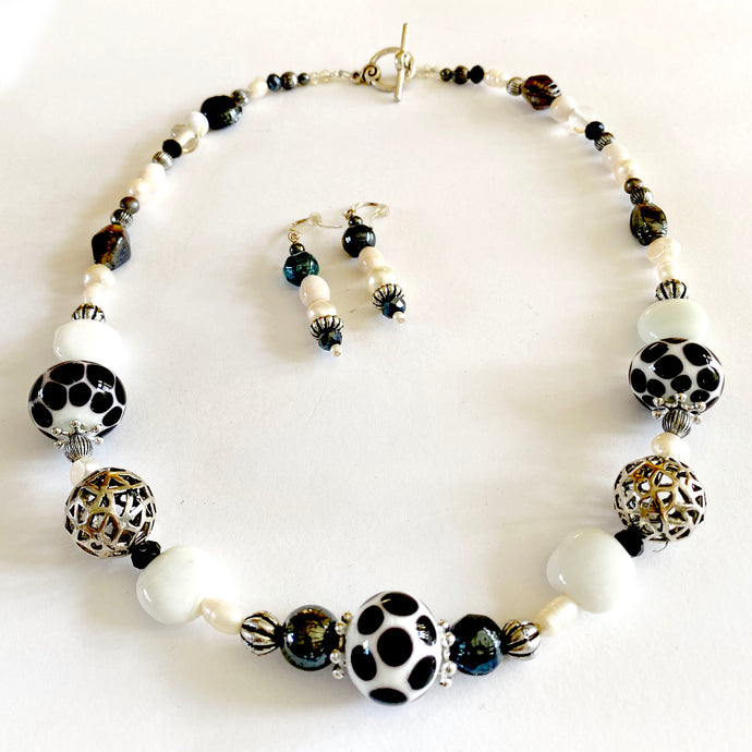 Artisan Unique Handmade Black and White Bead Necklace Set by CMS Jewellery