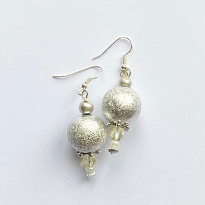 Artisan Drop earrings Silver coloured big lightweight bead with other beads on silver plate hoops 5in drop no2