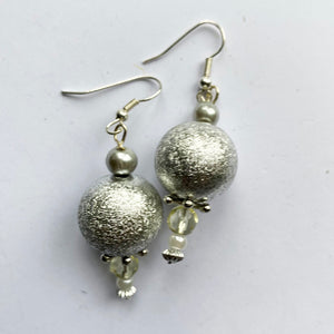 Artisan Drop Earrings with silver coloured  big bead and other beads on silver plate hoops5cm drop to match necklace set