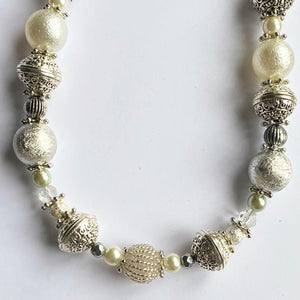 Artisan Necklace Central Feature of White and "Silver " Necklace set with various beads and pearls 