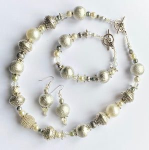 Artisan Unique 3pce white , pearl and silvery necklace, bracelet and earrings with silver plate clasp