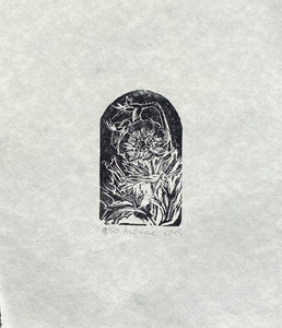 Black and white wood engraving print of an Anemone  on Japanese handmade cream paper
