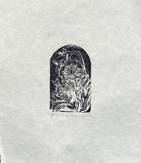 Black and white wood engraving print of an Anemone  on Japanese handmade cream paper