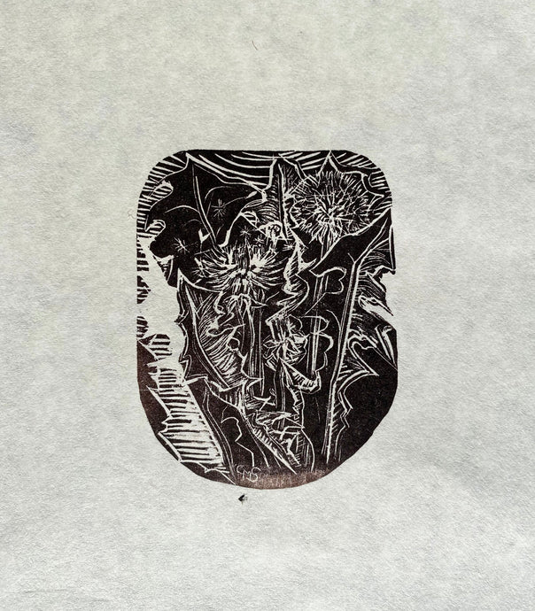 Black and white wood engraving print of dandelions  on Japanese handmade cream paper