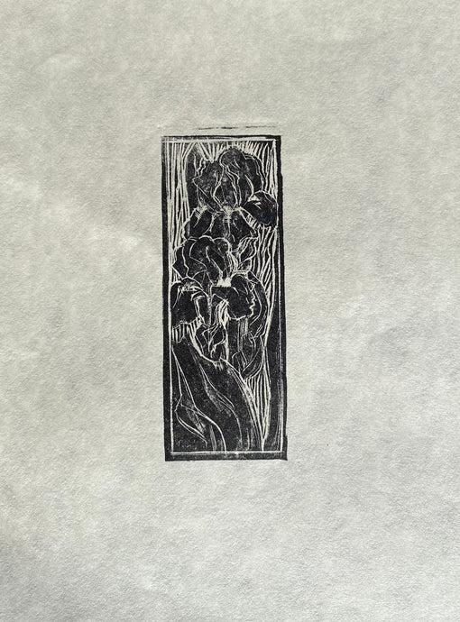 Black and white wood engraving print of Irises on Japanese handmade cream paper