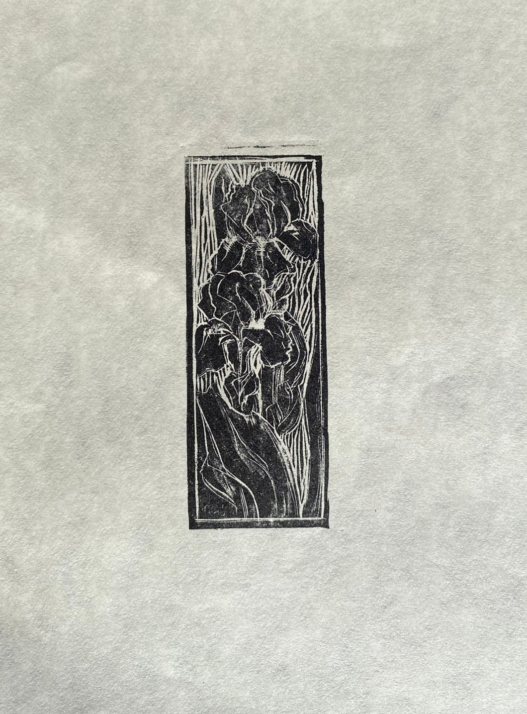 Black and white wood engraving print of Irises on Japanese handmade cream paper