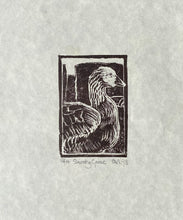 A wood engraving of a goose, titled 'Snooty Fox' in dark brown on creamy Japanese paper with the artist's signature in the lower right corner.