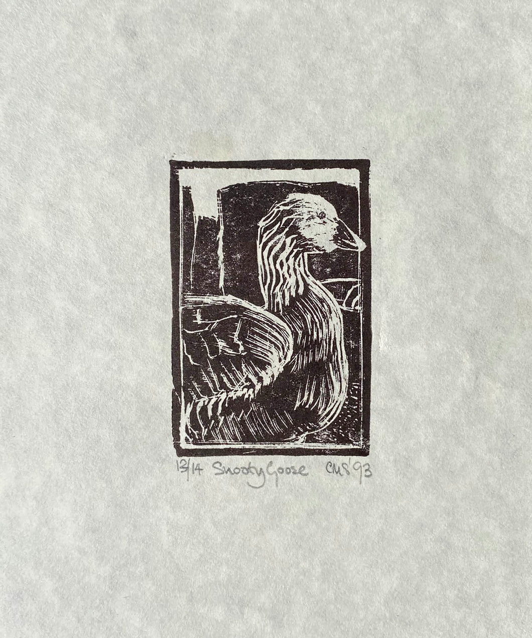 A wood engraving of a goose, titled 'Snooty Fox' in dark brown on creamy Japanese paper with the artist's signature in the lower right corner.
