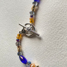 Cobalt blue, orange, crystal and metal heart choker with matching drop earrings by Caroline Salmon